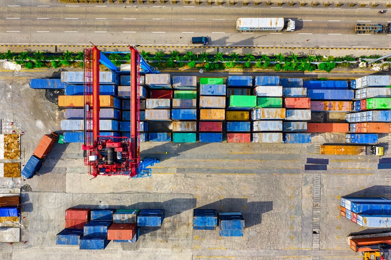 containers aerial view, moving vehicles