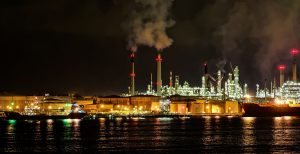 Night scene of oil refinery plant. Singapore