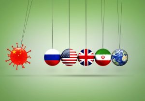 china covid 19 virus illustration infecting the rest of the world as a pendulum ball, Europe, USA, UK, Iran, Earth representation
