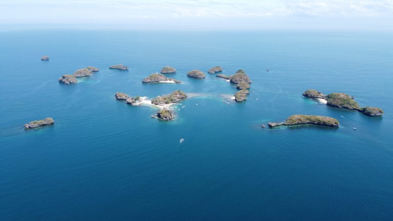 Distant Aerial of Hundred Islands and Lingayen Gulf in Alaminos, Pangasinan, Philippines.