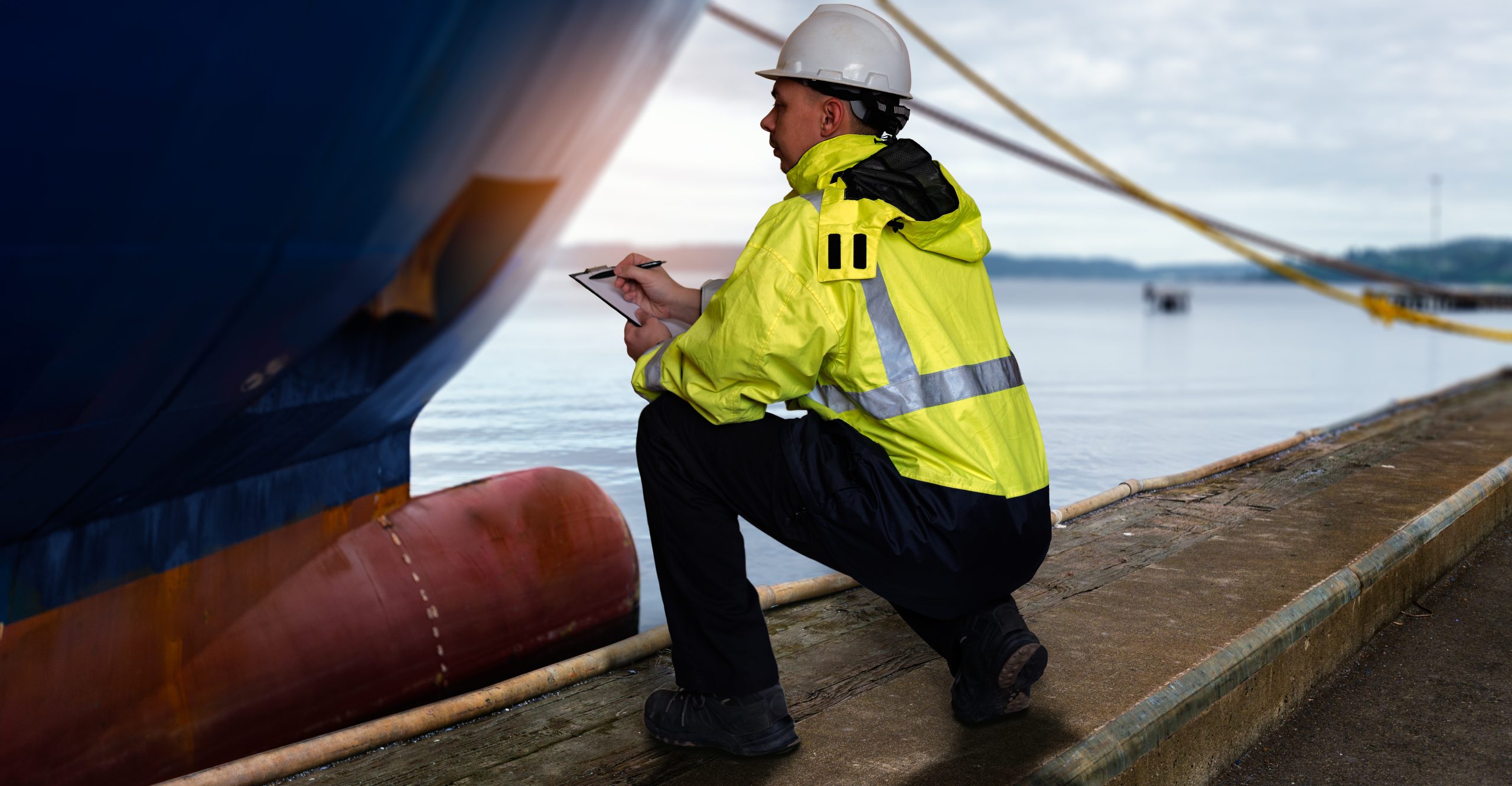 Ship supervisor engineer inspector stands at the dockside in a port. Wearing safety helmet and yellow vest