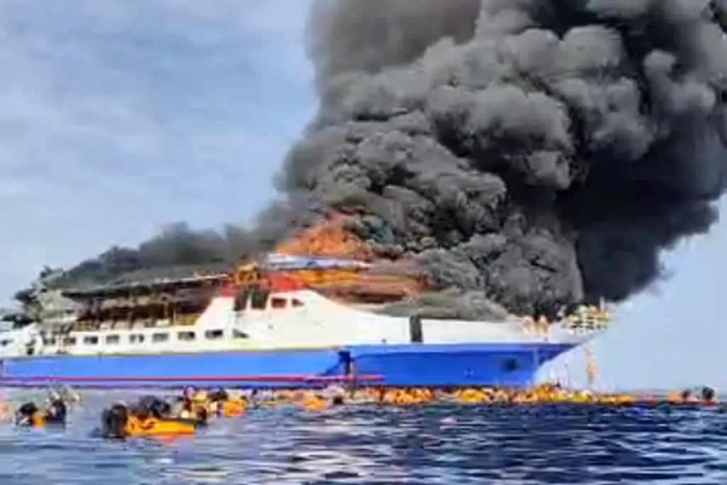 The fire broke out at the ferry’s stern as it was on its way to Manado.