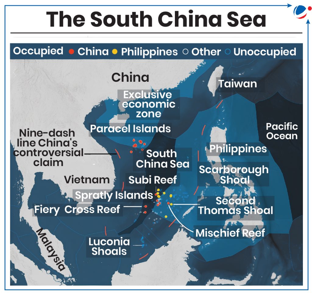 An infographic image showing a map of the South China Sea, illustrating the complex territorial disputes in the region. It highlights China's
