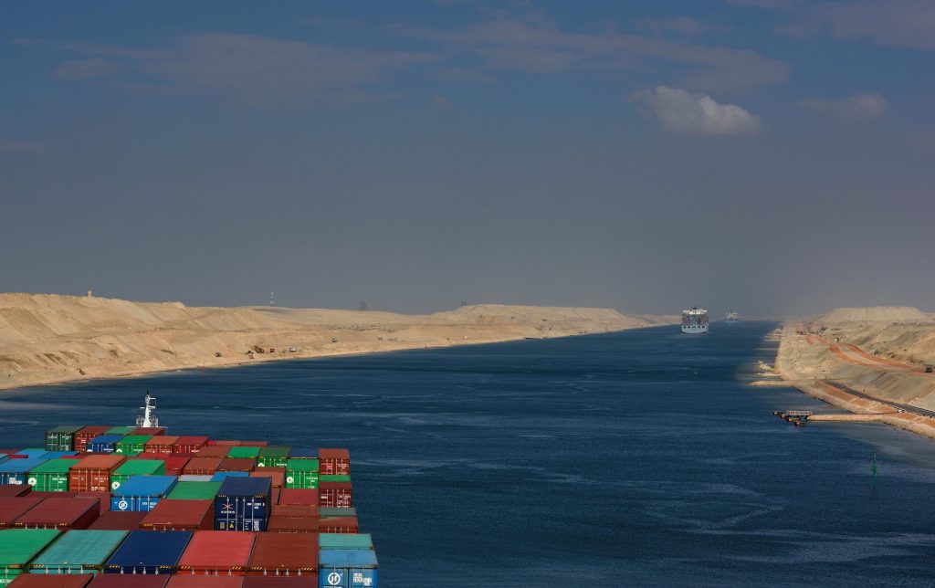 Container ships navigate the Suez Canal. Houthi rebels have resumed their attacks on Red Sea shipping