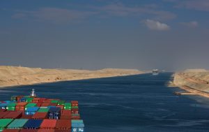 Container ships navigate the Suez Canal. Houthi rebels have resumed their attacks on Red Sea shipping